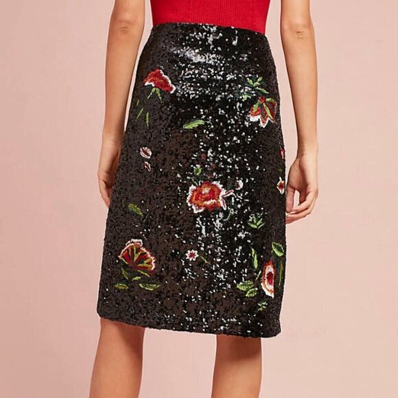 Anthropologie Skirt 2 Black Sequin A-Line Floral Sparkly Cocktail Knee Length - Picture 3 of 6